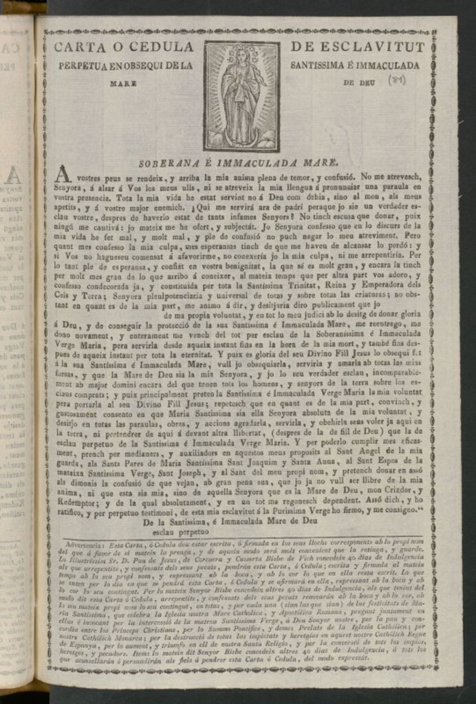 Miniatura de Carta o cedula de esclavitut perpetua en obsequi de la Santissima e Immaculada Mare de Deu