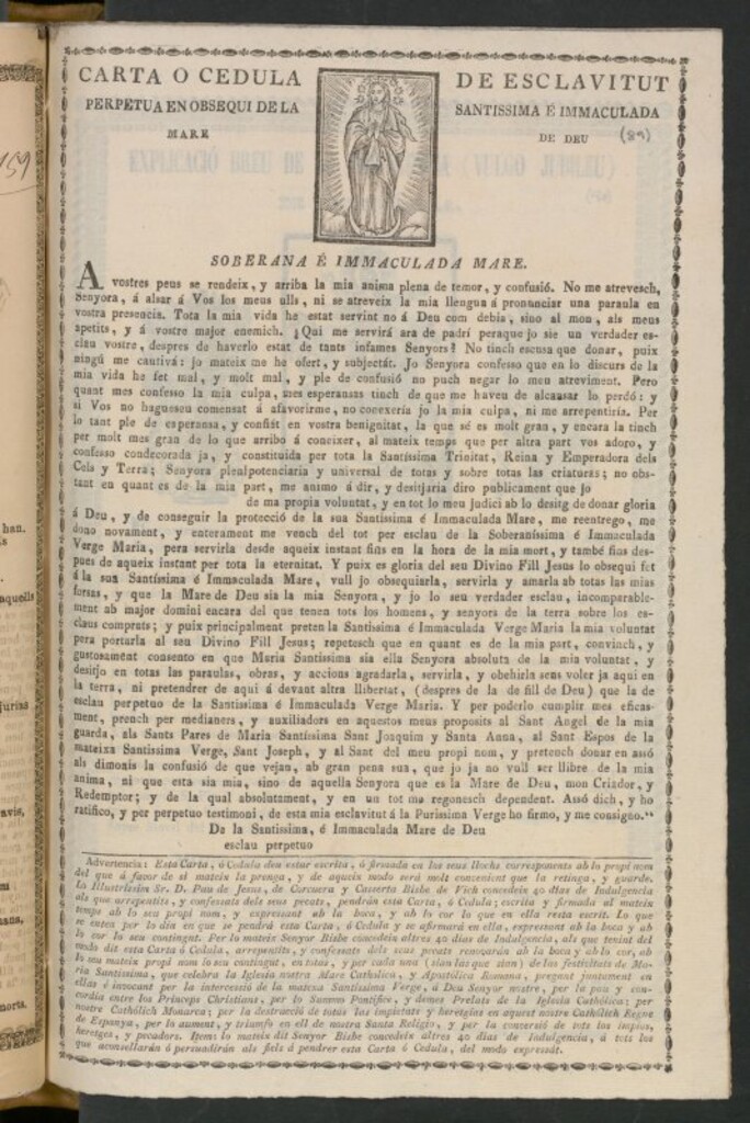 Miniatura de Carta o cedula de esclavitut perpetua en obsequi de la Santissima e Immaculada Mare de Deu