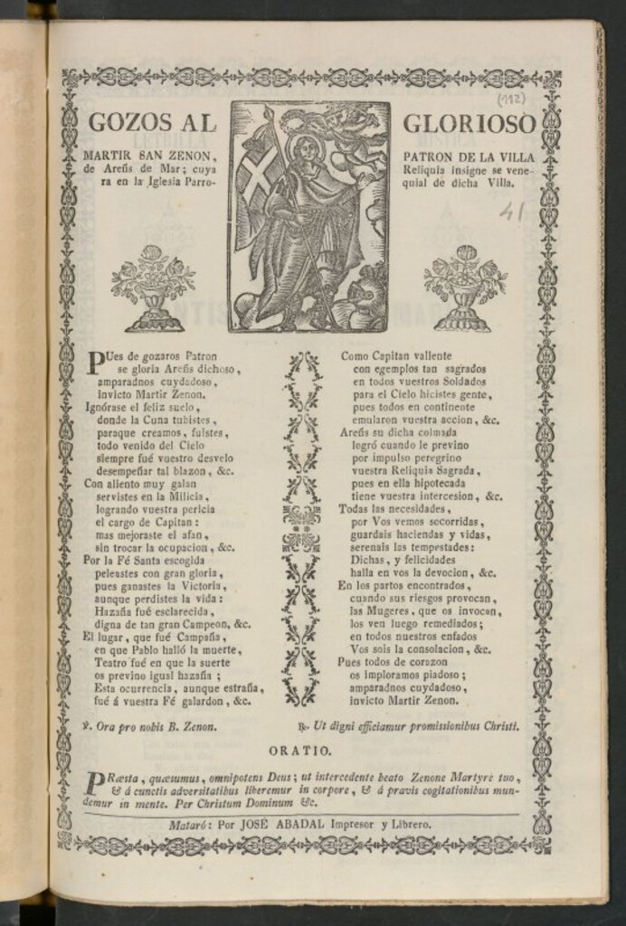 Miniatura de Gozos al glorioso martir San Zenon, patron de la Villa de Areñs de Mar; cuya Reliquia insigne se venera en la Iglesia Parroquial de dicha Villa