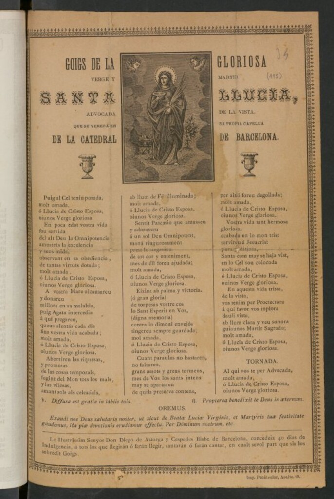 Miniatura de Goigs de la gloriosa Verge y Martir Santa Llucia, advocada de la vista: que se venera en sa propia capella de la catedral de Barcelona
