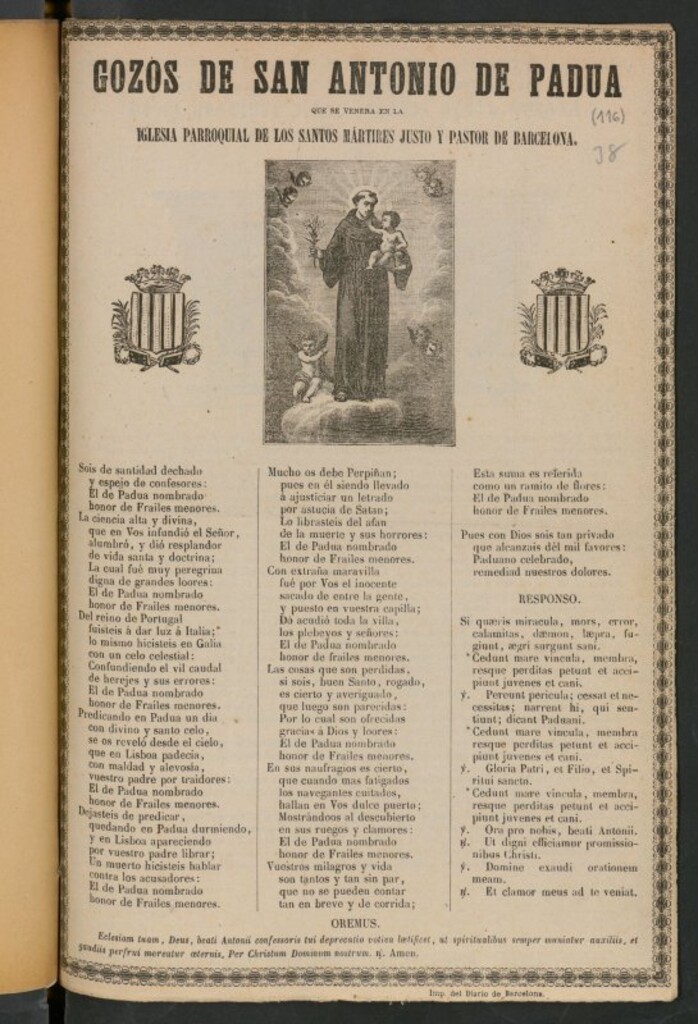 Miniatura de Gozos de San Antonio de Padua : que se venera en la Iglesia Parroquial de los Santos Mártires Justo y Pastor de Barcelona