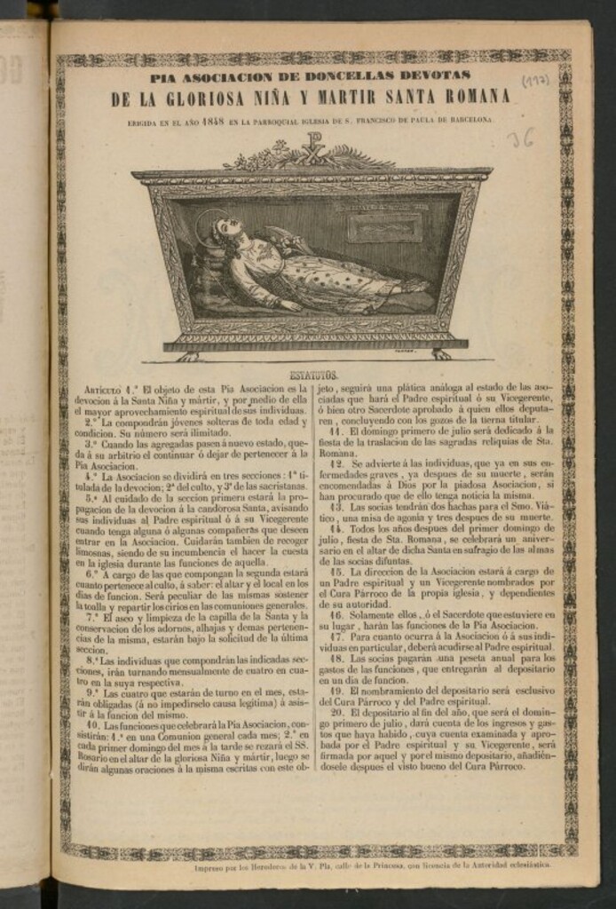 Miniatura de Pia asociación de doncellas devotas de la gloriosa niña y martir Santa Romana : erigida en el año 1848 en la Parroquial Iglesia de S. Francisco de Paula de Barcelona