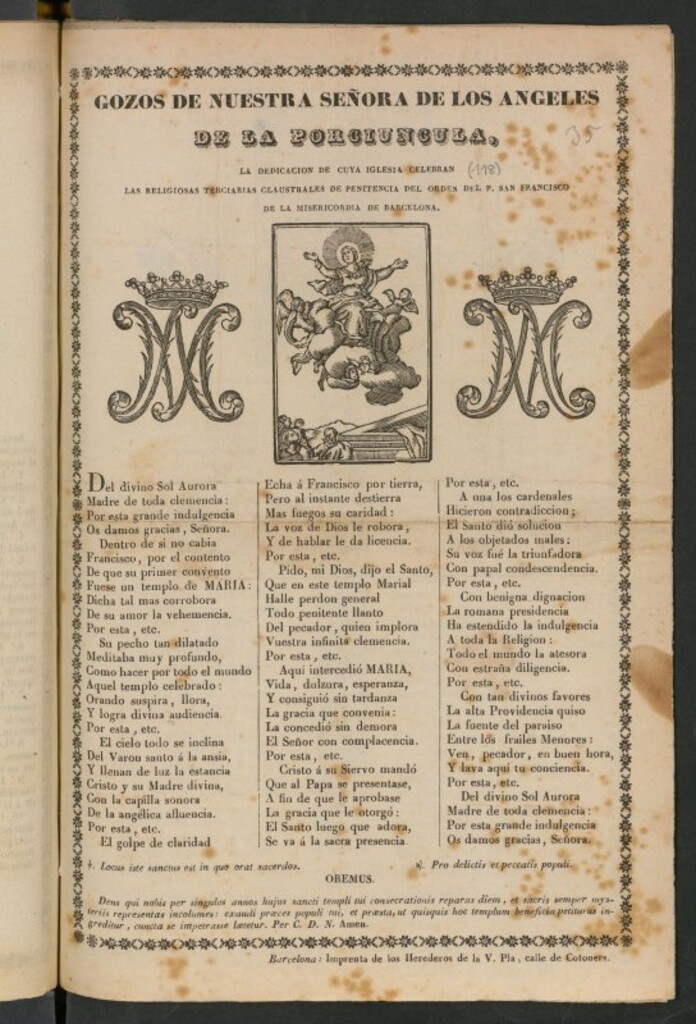 Miniatura de Gozos de Nuestra Señora de los Angeles de la Porciuncula : la dedicación de cuya iglesia celebran las religiosas terciarias claustrales de penitencia del orden del P. San Francisco de la Misericordia de Barcelona