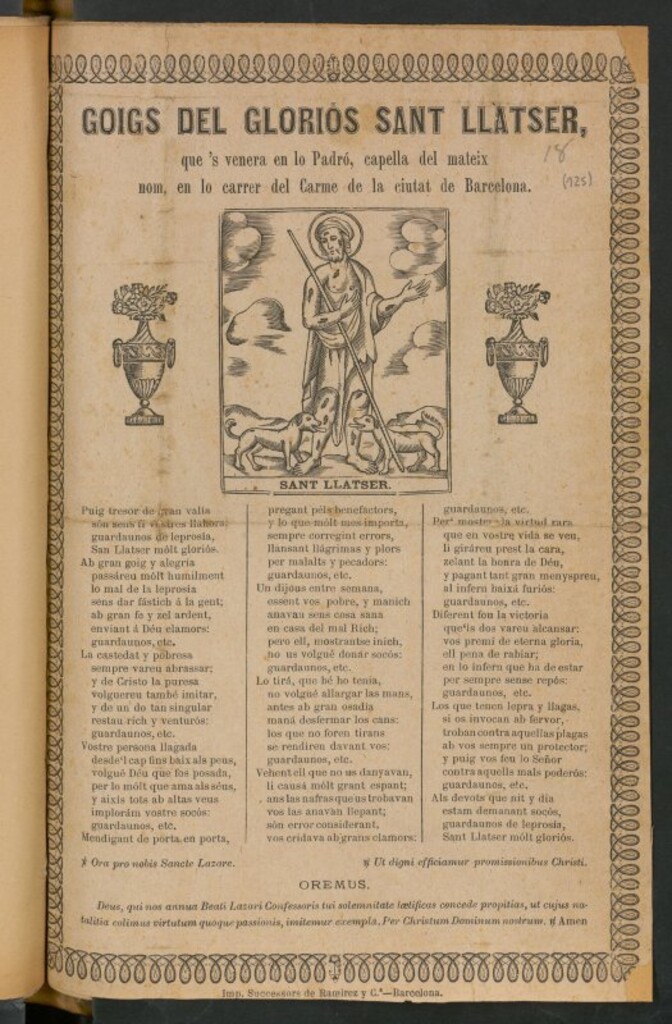 Miniatura de Goigs del Gloriós Sant LLatser : que ´s venera en lo Padró, capella del mateix nom, en lo carrer del Carme de la ciutat de Barcelona