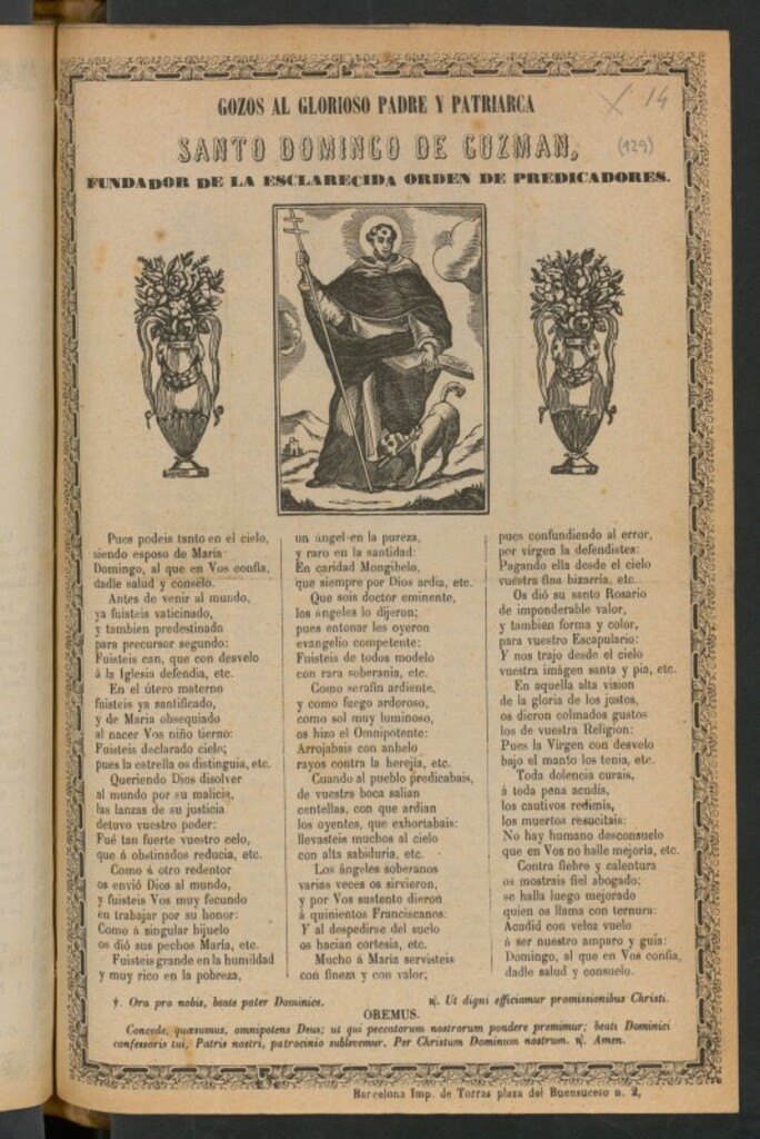 Miniatura de Gozos al glorioso padre y patriarca Santo Domingo de Guzman fundador de la esclarecida orden de predicadores