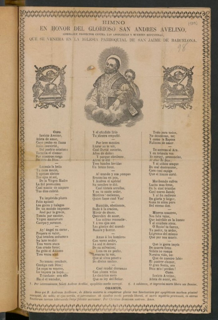Miniatura de Himno en honor del glorioso San Andres Avelino admirable protector contra las apoplegías y muertes repentinas : que se venera en la iglesia parroquial de San Jaime de Barcelona
