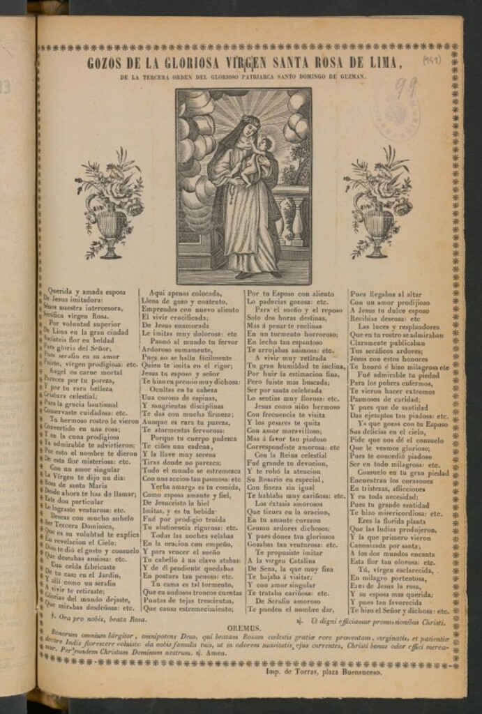 Miniatura de Gozos de la gloriosa Virgen Santa Rosa de Lima : de la tercera orden del Glorioso Patriarca santo Domingo de Guzmán