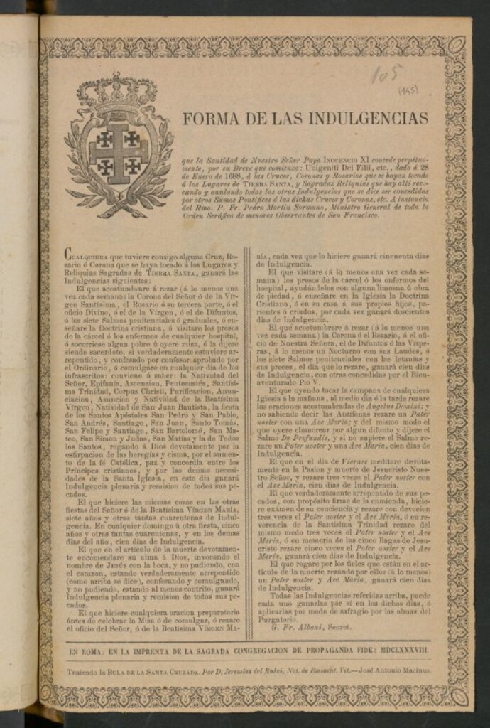 Miniatura de Forma de las Indulgencias : que la Santidad de Nuestro Señor Papa Inocencio XI concede perpetuamente [ ]