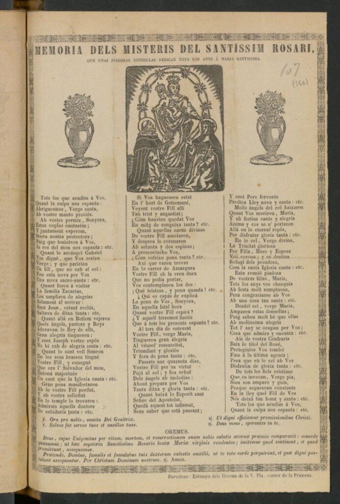 Miniatura de Memoria dels Misteris del Santissim Rosari que unas piadosas doncellas dedican tots los anys á Maria Santissima