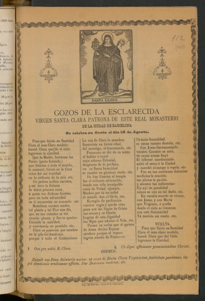 Miniatura de Gozos de la esclarecida Virgen Santa Clara patrona de este Real Monasterio de la ciudad de Barcelona : se celebra su fiesta el día 12 de agosto