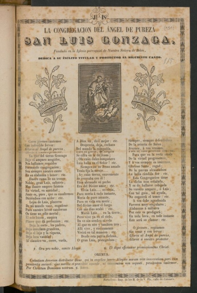 Miniatura de La congregación del Ángel de Pureza San Luis Gonzaga, fundada en la iglesia parroquial de Nuestra Señora de Belen, dedica a su ínclito titular y protector el siguiente canto