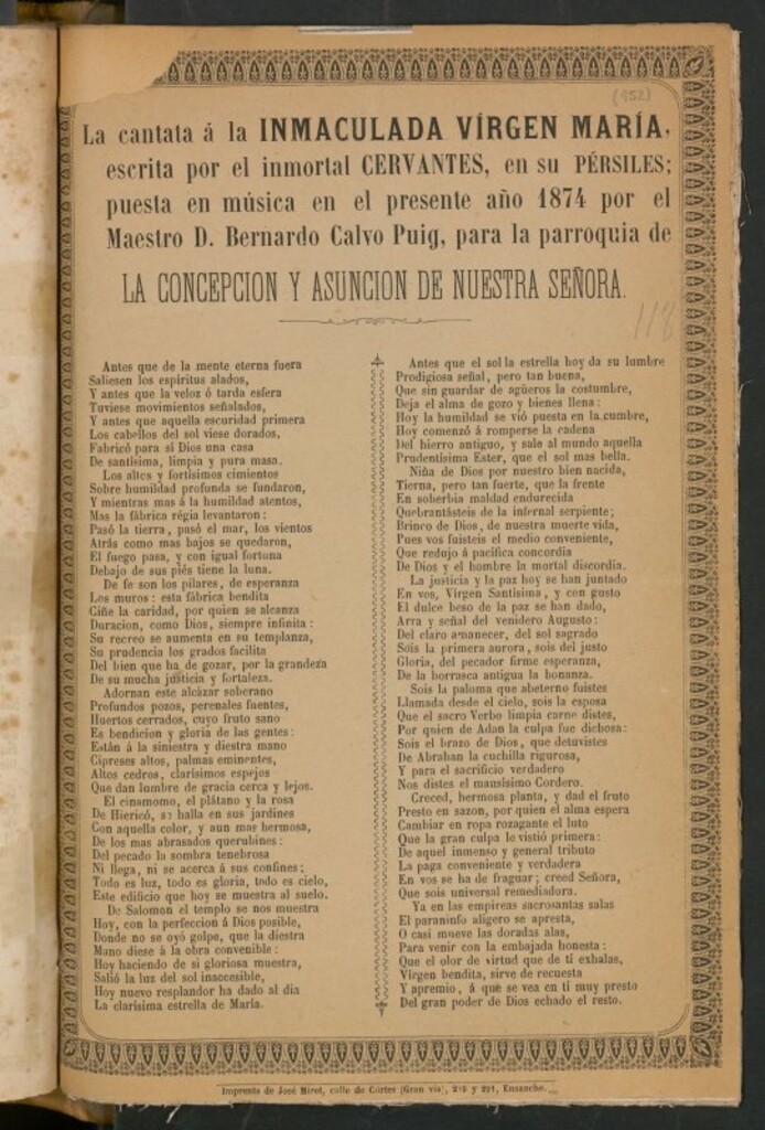 Miniatura de La cantata á la inmaculada Vírgen María, escrita por el inmortal Cervantes, en su Pérsiles; puesta en música en el presente año 1874 por el Maestro D. Bernardo Calvo Puig, para la parroquia de al Concepción y Asunción de Nuestra Señora