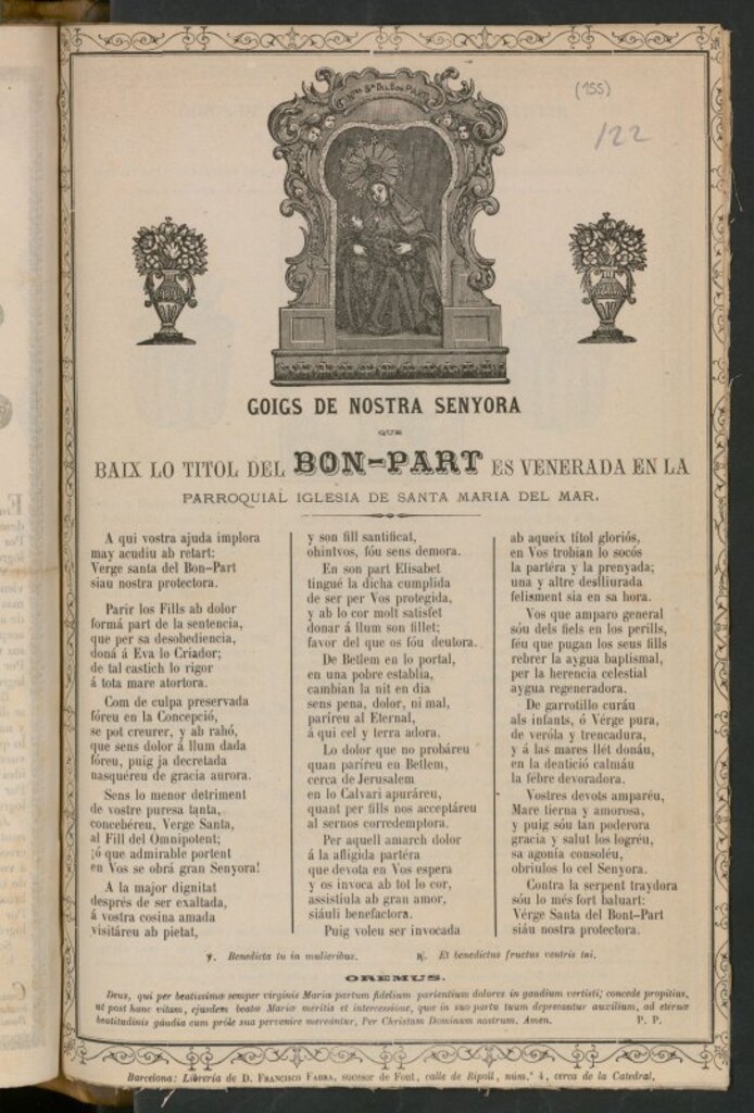 Miniatura de Goigs de Nostra Senyora que Baix lo titol del Bon-Part es venerada en la parroquial iglesia de Santa Maria del Mar
