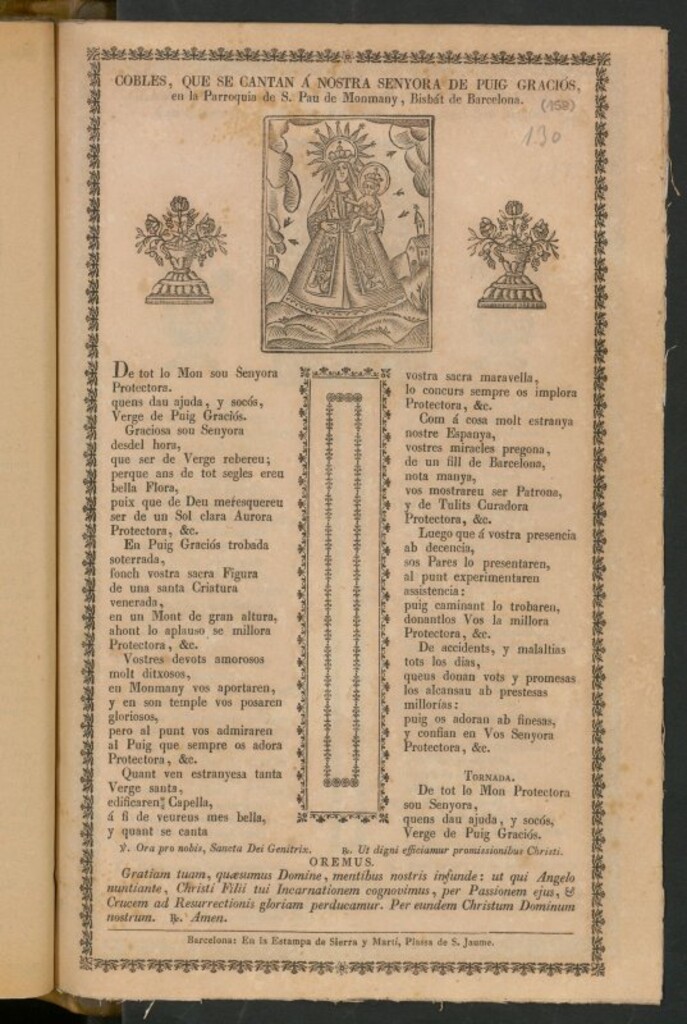 Miniatura de Cobles, que se cantan á nostra senyora de Puig Graciós : en la Parroquia de S. Pau de Monmany, Bisbát de Barcelona