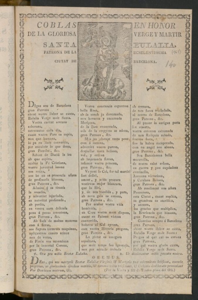 Miniatura de Coblas en honor de la gloriosa Verge y Martir Santa Eulalia, patrona de la ecslentissima ciutat de Barcelona