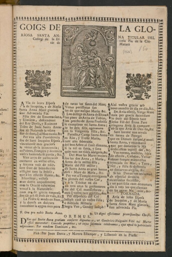 Miniatura de Goigs de la gloriosa Santa Anna titular del Collegi de la Escola Pia de la Ciutát de Mataró