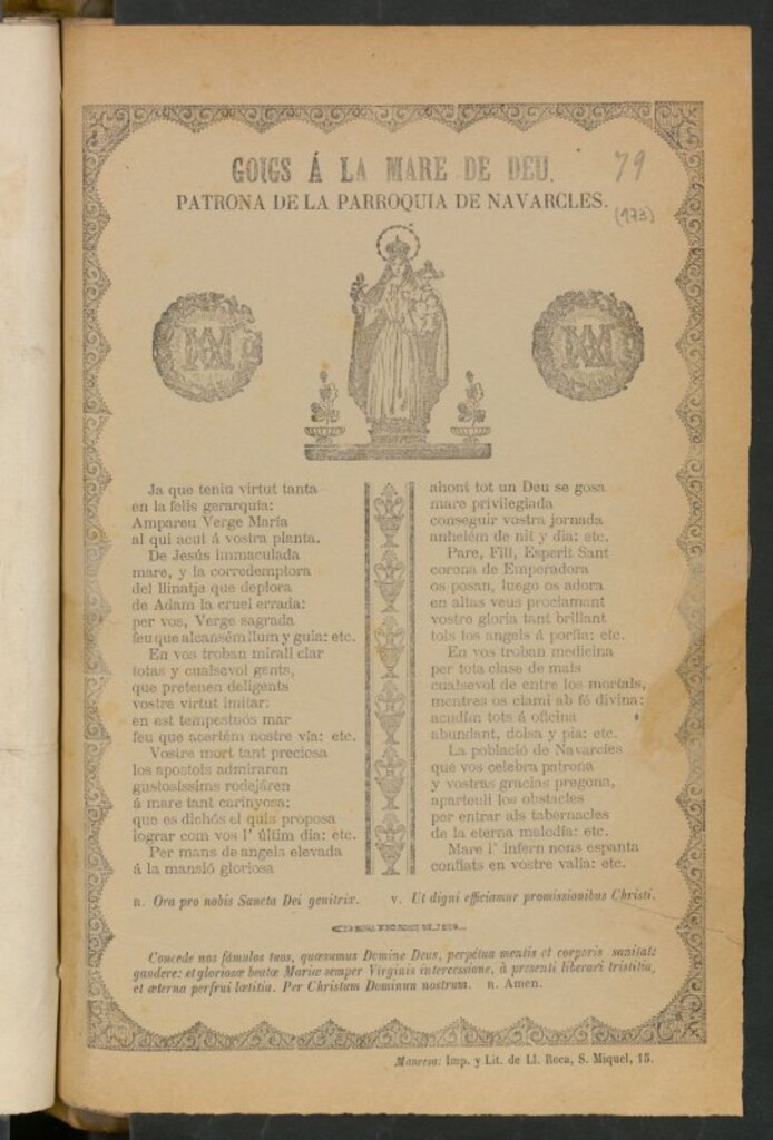 Miniatura de Goigs á la Mare de Deu. Patrona de la Parroquia de Navarcles