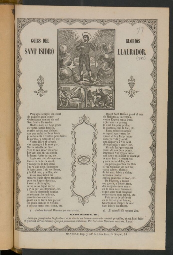 Miniatura de Goigs del gloriós Sant Isidro Llaurador