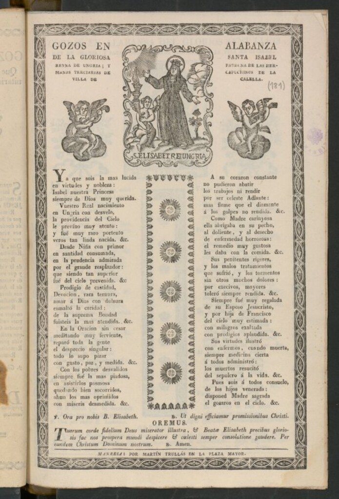 Miniatura de Goigs en alabanza de la gloriosa Santa Isabel, reyna de Ungria; y Patrona de las Hermanas Terciarias de Capuchinos de la Villa de Calella