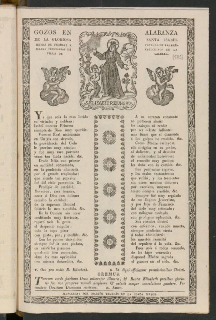 Miniatura de Goigs en alabanza de la gloriosa Santa Isabel, reyna de Ungria; y Patrona de las Hermanas Terciarias de Capuchinos de la Villa de Calella