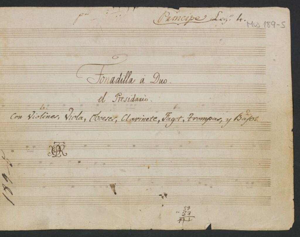 Miniatura de Tonadilla a duo El presidiario: Con violines, viola, oboeses, clarinete, fagot, trompas y bajos