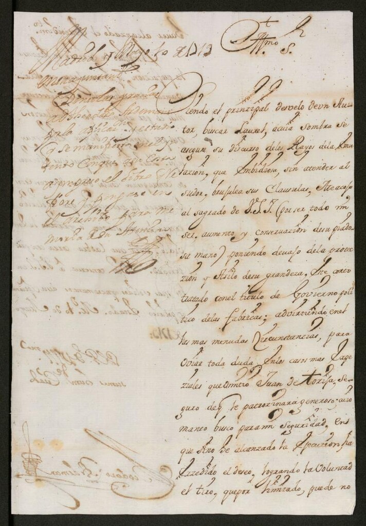 Miniatura de Carta de Teodoro Ardemans al Corregidor de Madrid solicitando protección para su obra "Gobierno político de las fábricas...", uno de cuyos ejemplares entrega con la carta