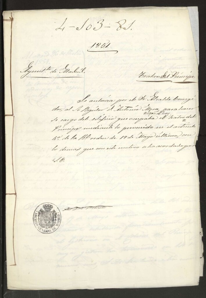 Miniatura de Expediente por el que se autoriza por el señor alcalde corregidor al señor regidor, don Antonio Mesa, para hacerse cargo del edificio que ocupaba el Teatro del Príncipe mediante lo promovido en el artículo 4º de la Real Orden de 19 de mayo último