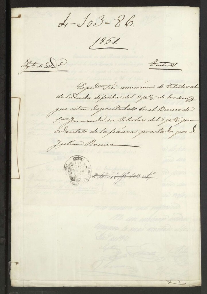 Miniatura de Expediente para la conversión de un depósito en el Banco de San Fernando, procedente de la fianza prestada por D. Julián Romea.
