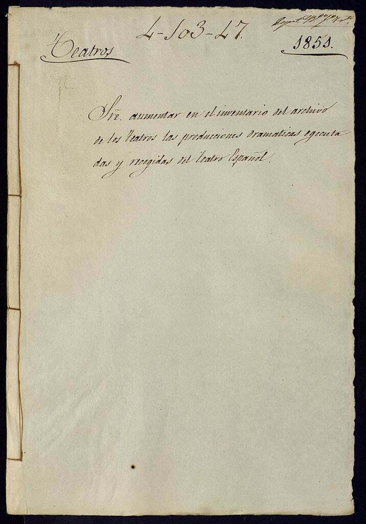 Miniatura de Sobre aumentar en el inventario del archivo de los teatros las producciones dramáticas ejecutadas y recogidas del Teatro Español