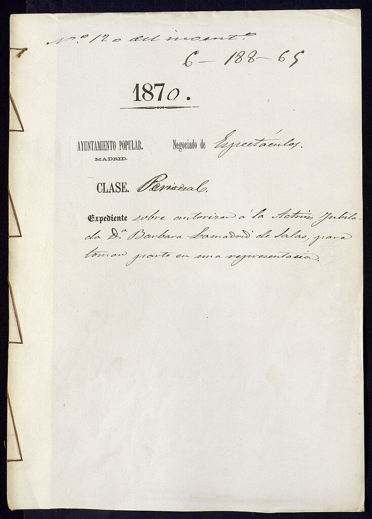 Miniatura de Sobre autorizar a la actriz jubilada doña Bárbara Lamadrid de Salas para tomar parte en una representación