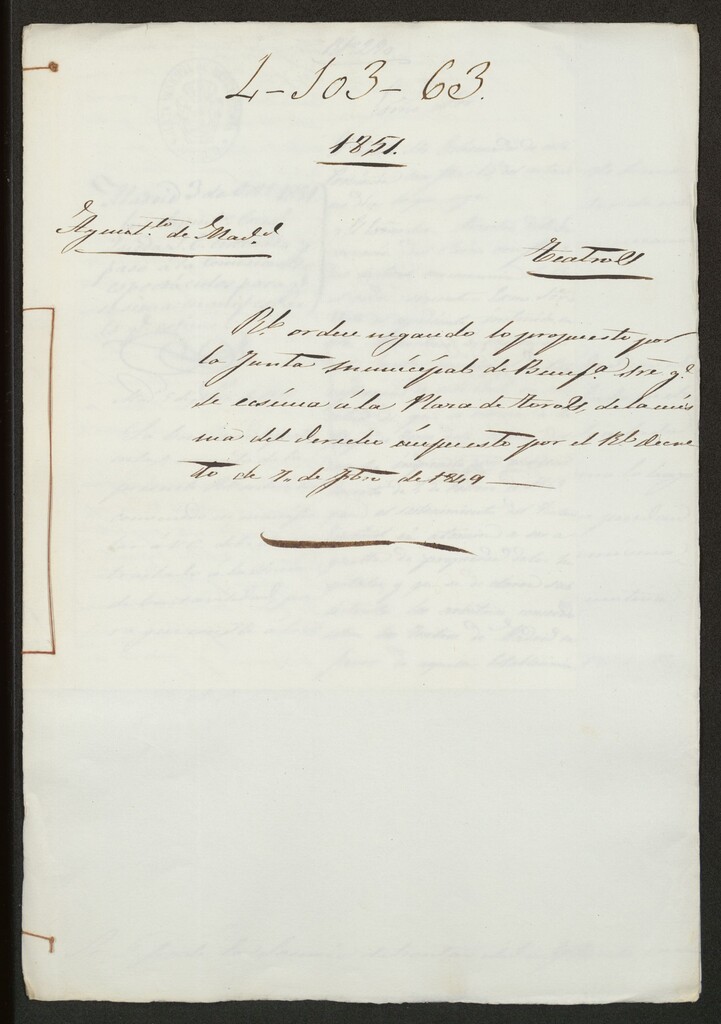 Miniatura de Orden negando lo propuesto por la Junta municipal de Beneficencia sobre que se exima a la Plaza de Toros de la misma del derecho impuesto por el Real decreto de 10 de febrero de 1849.