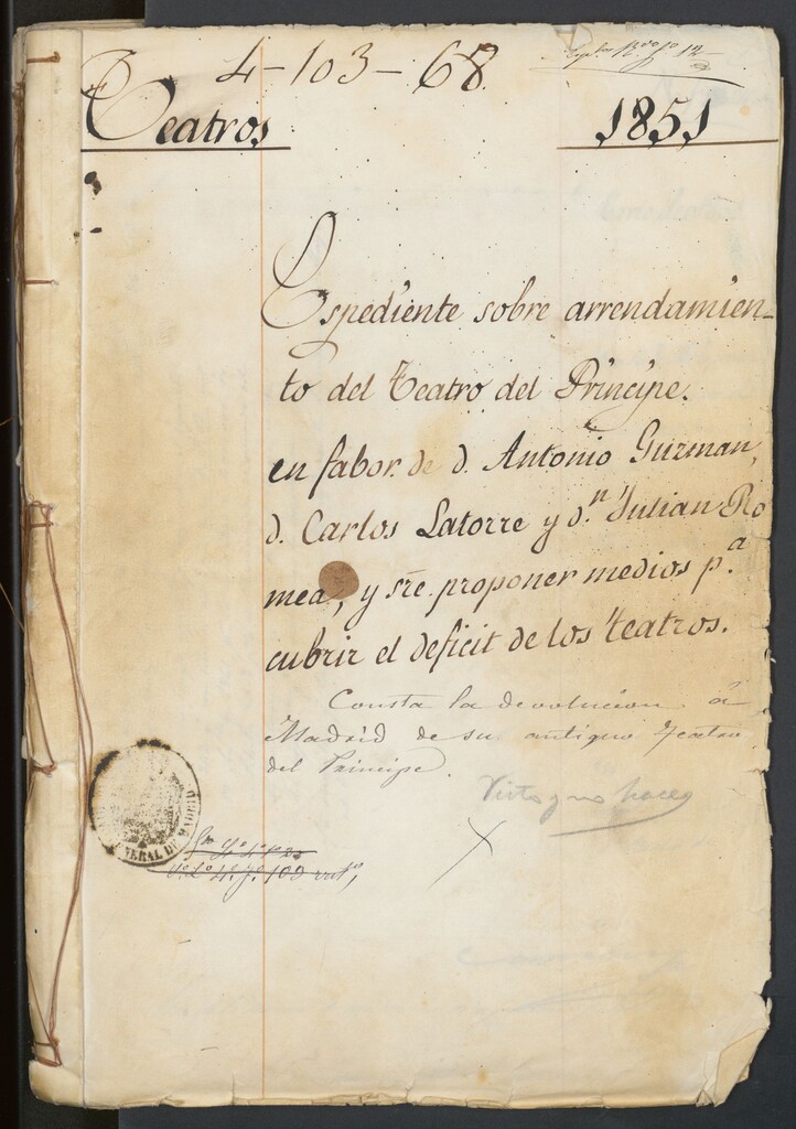 Miniatura de Expediente sobre arrendamiento del Teatro del Príncipe, en favor de don Antonio Guzmán, don Carlos Latorre y don Julián Romea, y sobre proponer medios para cubrir el déficit de los teatros.