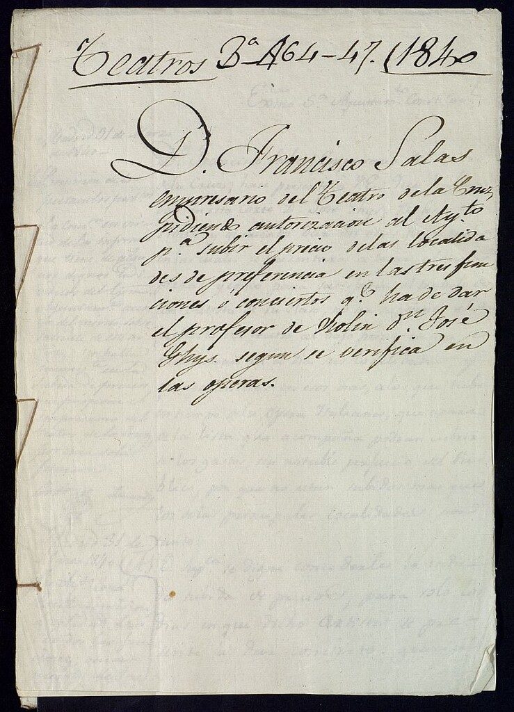 Miniatura de Don Francisco Salas, empresario del Teatro de la Cruz, pidiendo autorización para subir el precio de las localidades de preferencia.