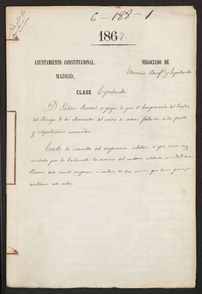 Miniatura de Sobre queja de don Julián Romea acerca de que el empresario del Teatro del Príncipe le ha eliminado del cuadro de actores.