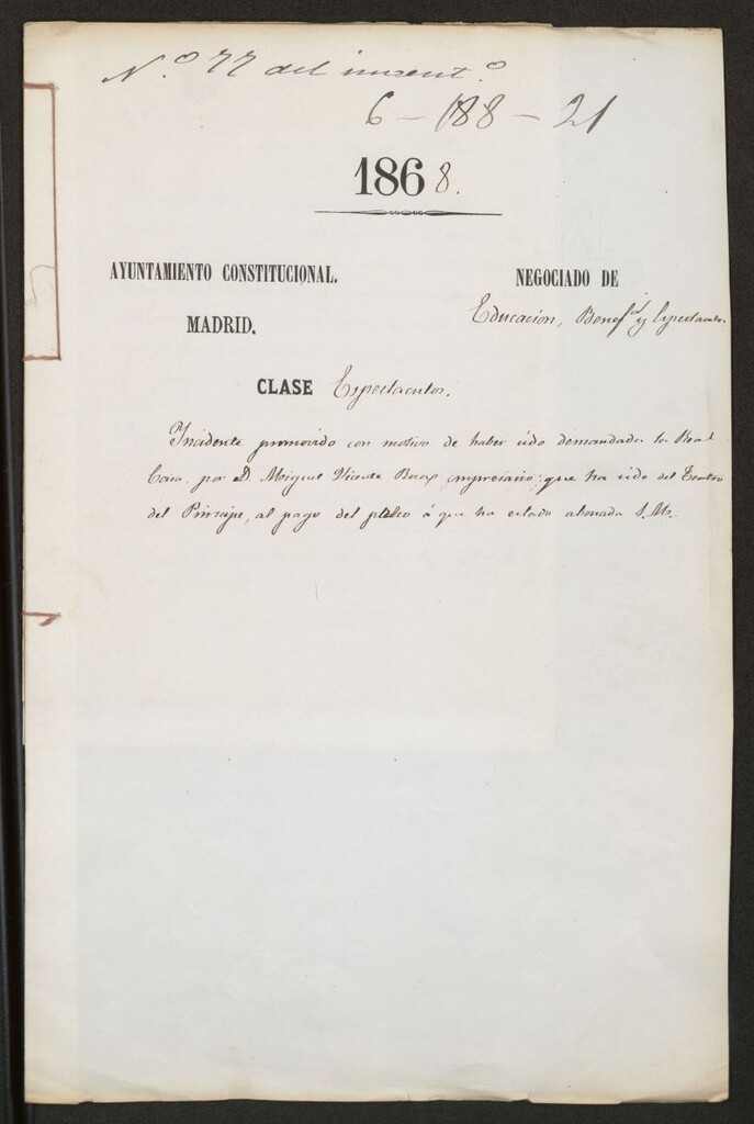 Miniatura de Incidente promovido con motivo de haber sido demandada la Real Casa por don Miguel Vicente, empresario que ha sido del Teatro del Príncipe, al pago del palco a que ha estado abonado.