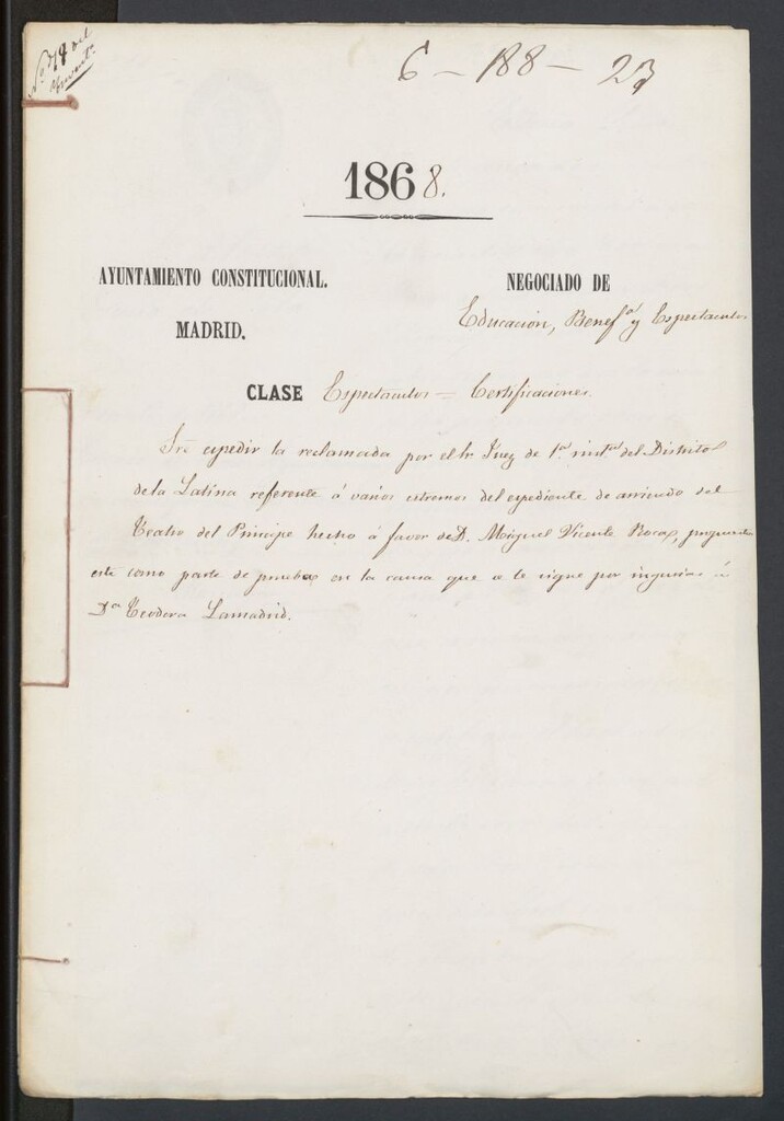 Miniatura de Expediente sobre expedir la reclamación por el señor juez del distrito de la Latina referente a varios extremos del expediente de arriendo del Teatro del Príncipe.