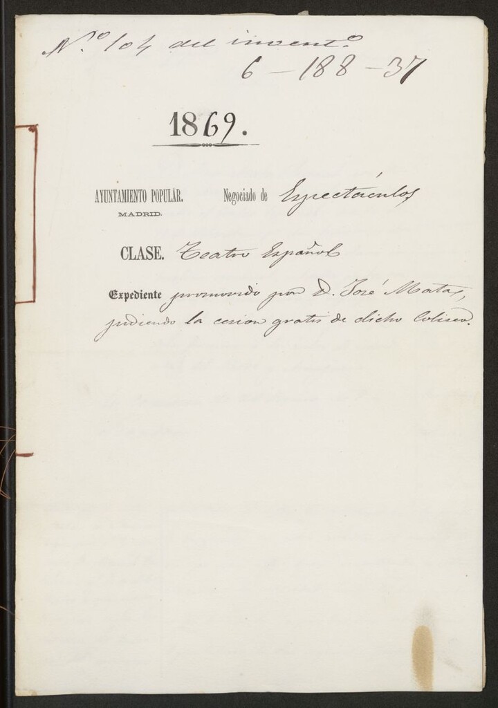 Miniatura de Expediente promovido por don José Matas pidiendo la cesión gratis del Teatro Español.