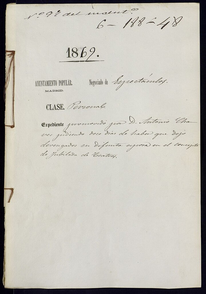 Miniatura de Expediente promovido por don Antonio Chaves pidiendo doce días de haber que dejó devengados su difunta esposa en el concepto de jubilada de teatros.