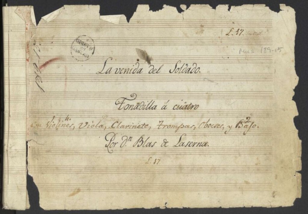 Miniatura de La venida del soldado : tonadilla á cuatro con violines 4., viola, clarinete, trompas, oboeses, y bajo 2