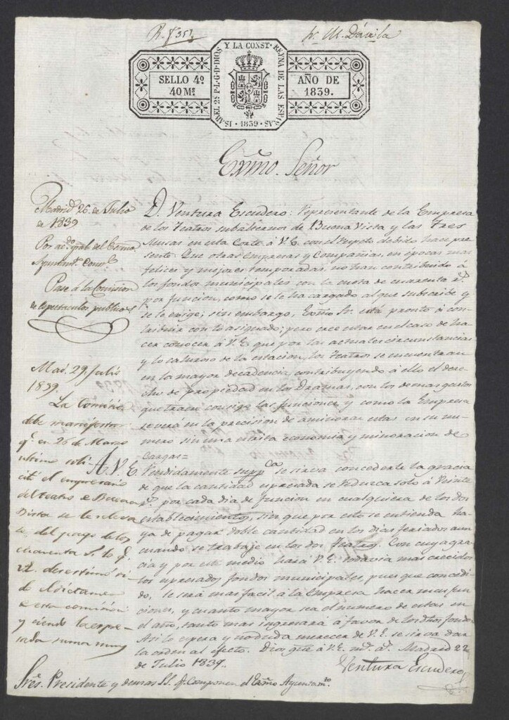 Miniatura de Sobre la solicitud de rebaja de la contribución de los teatros de Buenavista y las tres Musas a los fondos municipales.
