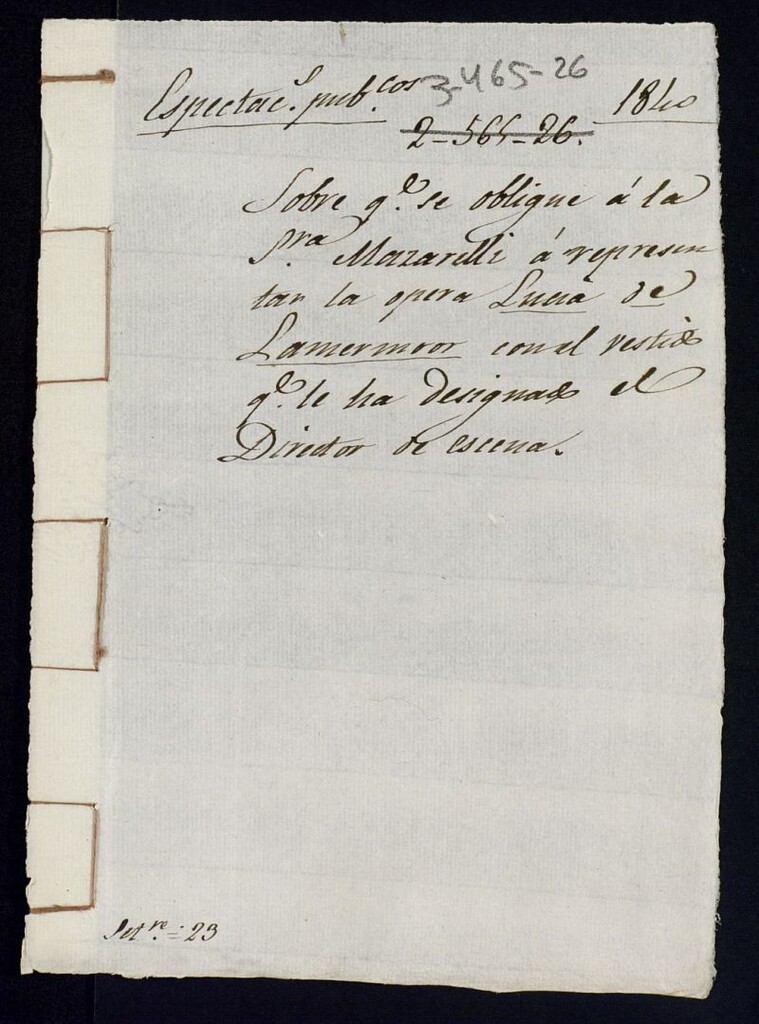 Miniatura de Sobre que se obligue a la señora Mazarelli a representar la ópera lucía de Larmermoor con el vestido que la ha designado el director de escena.