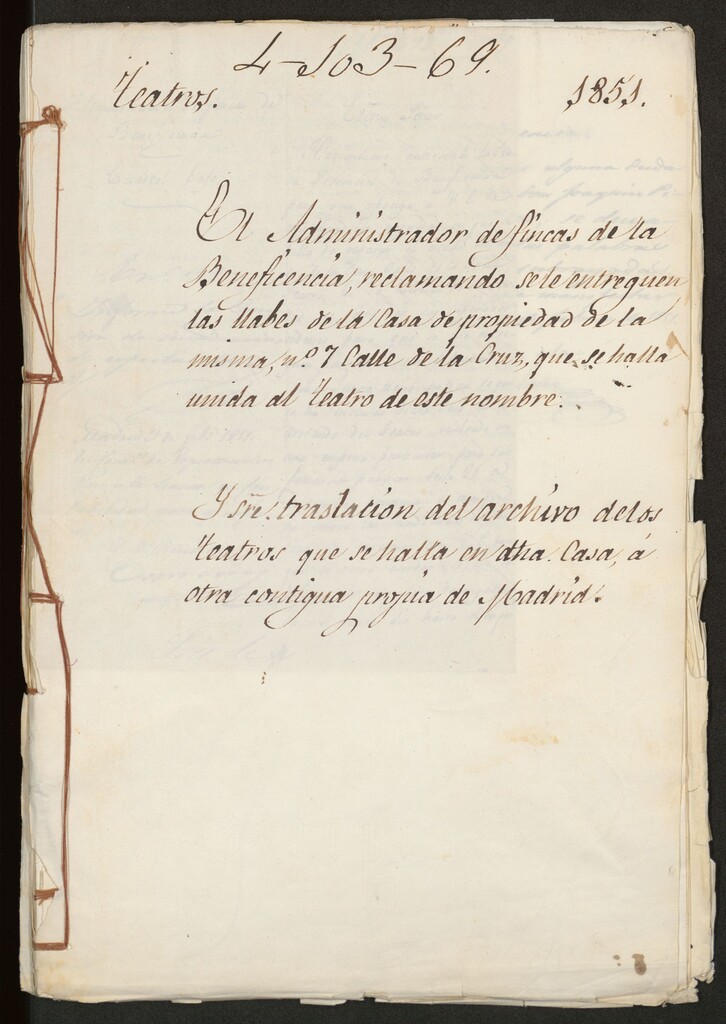 Miniatura de El administrador de fincas de la Beneficencia, reclamando se le entreguen las llaves de la casa propiedad de la misma, n.º 7 de la calle de la Cruz, que se halla unida al teatro de ese nombre.