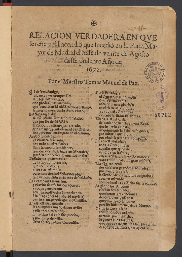 Miniatura de Relacion verdadera, en que se refiere el Incendio que sucedio en la Plaça Mayor de Madrid el Sabado veinte de Agosto deste presente Año de 1672