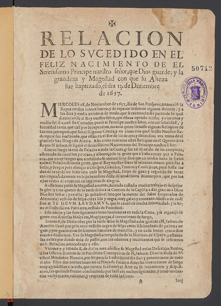 Miniatura de Relacion de lo sucedido en el feliz nacimiento de el Serenisimo Principe nuestro señor, que Dios guarde; y la grandeza y Magestad con que su Alteza fue baptizado, el dia 13 de Diziembre de 1657