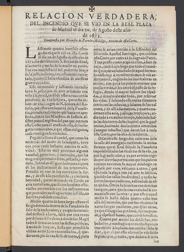 Miniatura de Relación verdadera, del incendio que se vio en la Real Plaza de Madrid el dia 20 de Agosto deste año de 1672