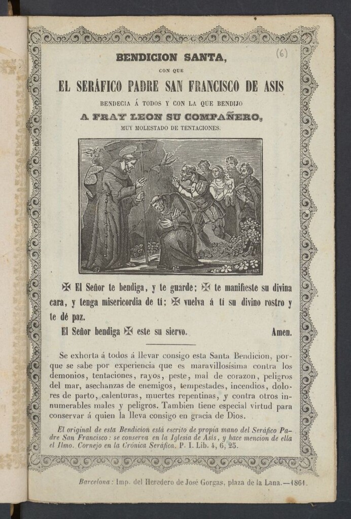Miniatura de Bendición santa con que el seráfico padre San Francisco de Asis bendecia á todos y con la que bendijo a Fray León su compañero, muy molestado de tentaciones