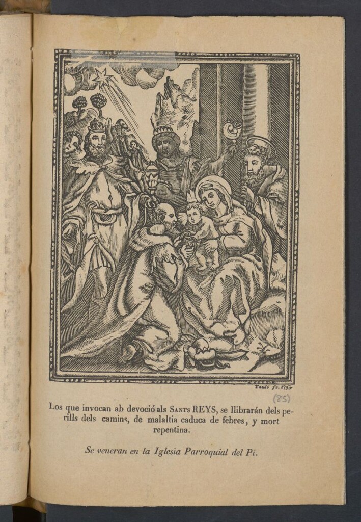 Miniatura de Los que invocan ab devoció als sants Reys, se llibrarán dels pedrills dels camins, de malaltia caduca de Febres, y mprt repentina. Se veneran en la Iglesia Parroquial del Pi