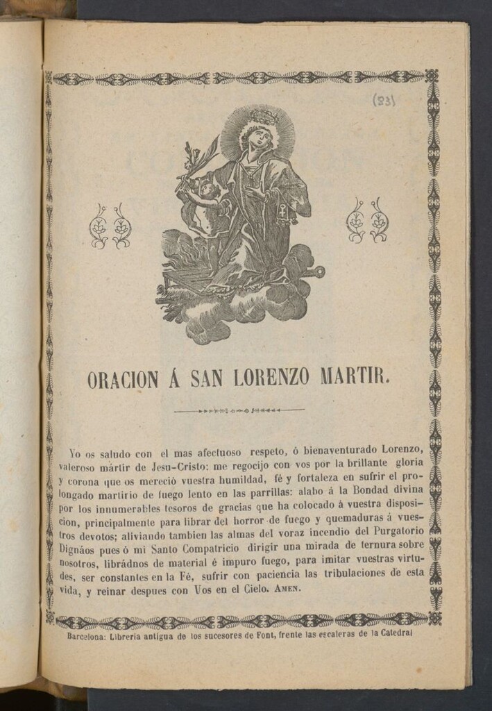 Miniatura de Oración á San Lorenzo Mártir. Yo os saludo con el mas afectuoso respeto ...