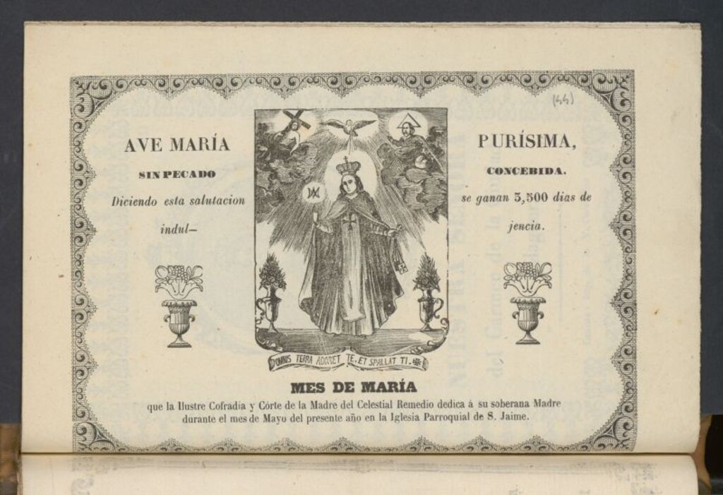 Miniatura de Ave Maria Purísima, sin pecado concebida : Diciendo esta salutación se ganan 5.500 días de induljencia