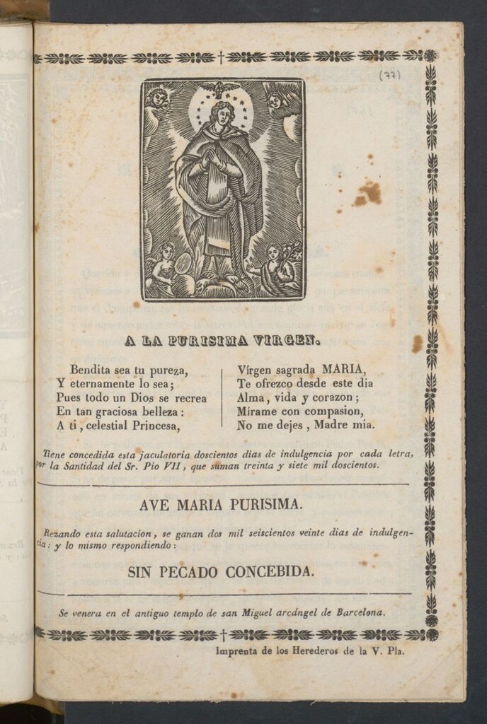 Miniatura de A la purisima Virgen. Se venera en el antiguo templo de san Miguel arcángel de Barcelona